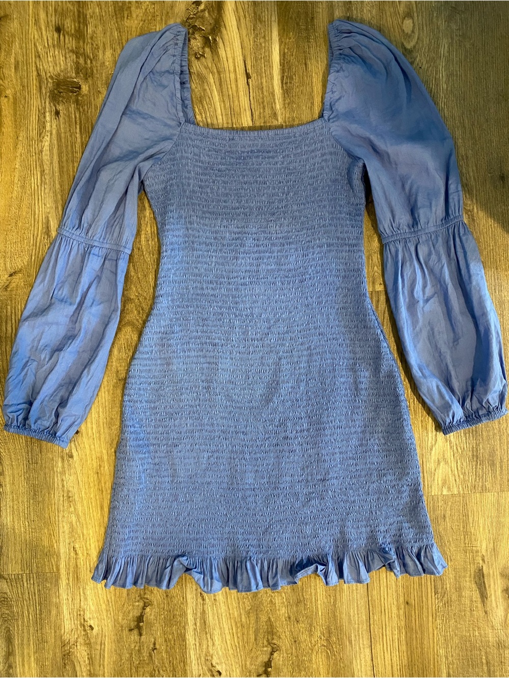 Gianni Bini Periwinkle Blue Smocked Square-Neck Dress with Puff Sleeves